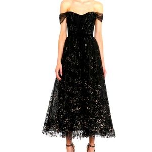 Marchesa Black and Gold Off-Shoulder Dress